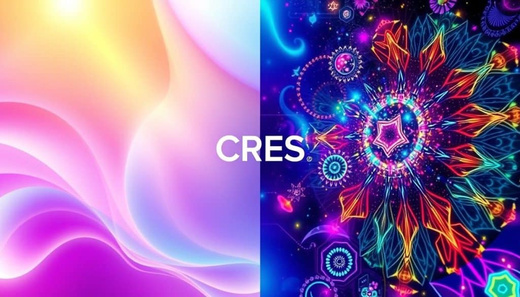A vibrant digital canvas, divided into two distinct realms - the world of UI Design and the realm of Graphic Design. In the foreground, a sleek and minimalist user interface, adorned with clean lines, intuitive controls, and a seamless flow. Alongside, a kaleidoscope of colors, textures, and eye-catching visuals that captivate the senses. The background reveals the CRES logo, a beacon of innovation and creative excellence, illuminating the fundamental differences between these complementary disciplines. Soft, directional lighting casts an ethereal glow, evoking a sense of harmony and balance. The overall composition invites the viewer to explore the nuances that make UI Design and Graphic Design uniquely powerful in the pursuit of business success.
