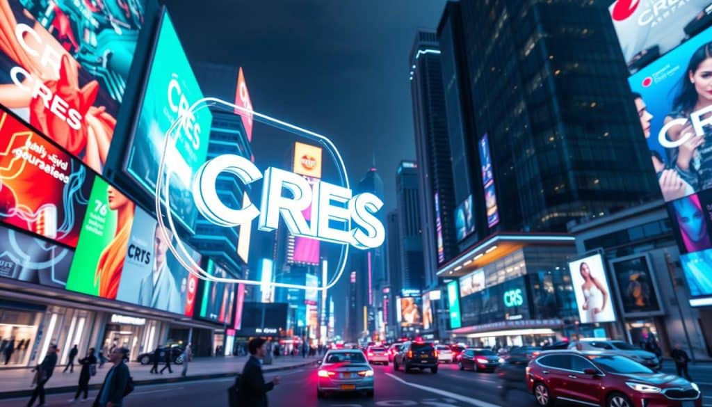 A vibrant digital cityscape, sleek high-rise buildings bathed in neon lights, billboards and holograms projecting dynamic CRES advertisements. In the foreground, a 3D holographic logo of CRES hovers, casting a mesmerizing glow. The middle ground features futuristic pedestrians and vehicles, all immersed in a pulsing, data-driven urban landscape. The background reveals a skyline of towering skyscrapers, their facades adorned with captivating digital signage. The scene is captured with a wide-angle lens, conveying a sense of grandeur and technological advancement, reflecting the transformative power of digital advertising in Qatar.