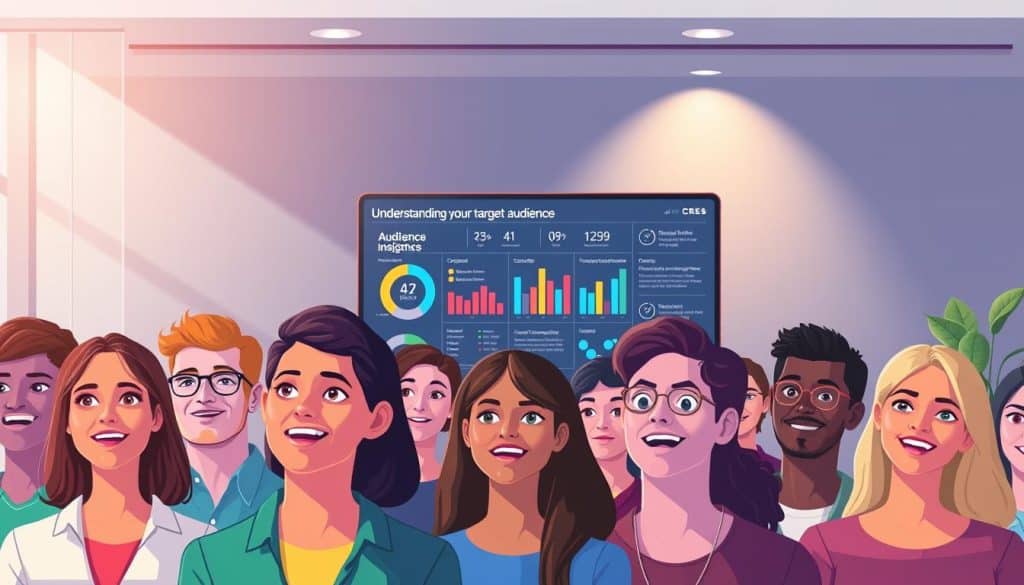 A vibrant digital illustration depicting the theme of "Understanding Your Target Audience". In the foreground, a diverse group of people representing different demographics, their faces filled with curiosity and engagement. In the middle ground, a detailed infographic showcasing key audience insights and analytics, rendered in the CRES brand colors. The background features a sleek, minimalist workspace with a large, high-resolution display screen, conveying a sense of modern, data-driven decision making. Subtle lighting from above casts a warm, professional glow, and the camera angle is slightly elevated to provide an inclusive, holistic view of the scene.