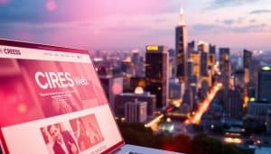 A vibrant digital landscape, bathed in a warm, soft light. In the foreground, a dynamic web interface with clean, modern typography showcasing the CRES brand, reflecting its commitment to web design solutions. In the middle ground, a dynamic social media feed with shares, likes, and comments, representing the power of digital marketing. In the background, a cityscape of skyscrapers and bustling activity, symbolizing the growth and success of businesses leveraging these solutions. The overall scene conveys a sense of innovation, connectivity, and the potential for transformative growth.
