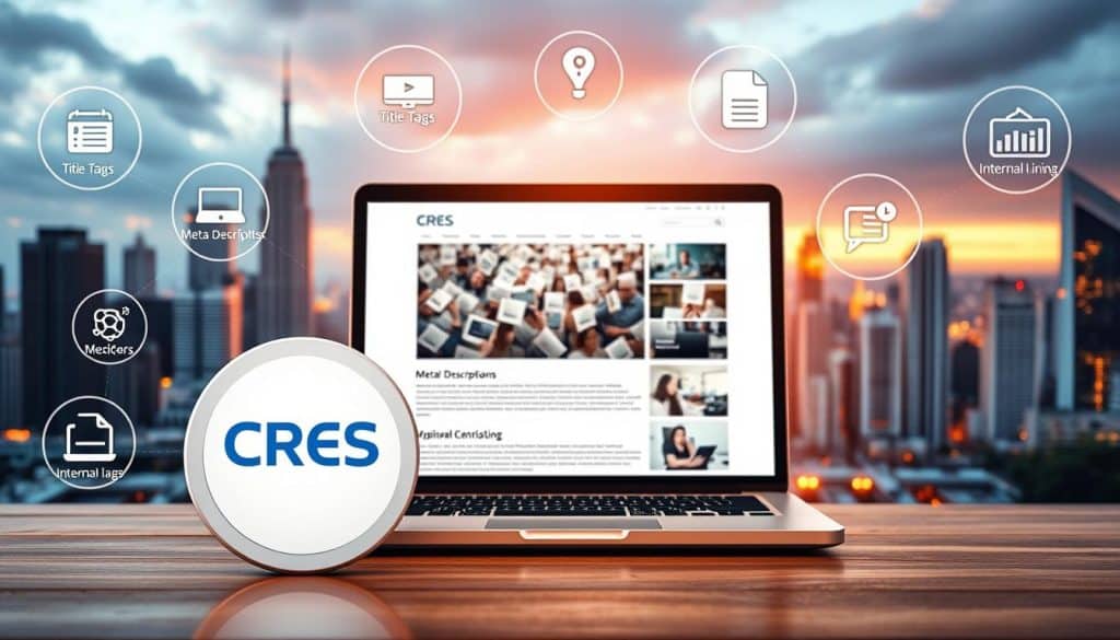 A vibrant digital landscape depicting on-page SEO optimization techniques. In the foreground, CRES's logo prominently displays, surrounded by icons representing various on-page elements such as title tags, meta descriptions, header tags, and image optimization. The middle ground features a laptop screen showcasing a website with well-structured content, navigational menus, and internal linking. In the background, a city skyline with towering buildings symbolizes the competitive online landscape, illuminated by a warm, golden lighting that creates a sense of depth and atmosphere. The scene conveys the importance of comprehensive on-page optimization for improved website visibility and Google ranking.