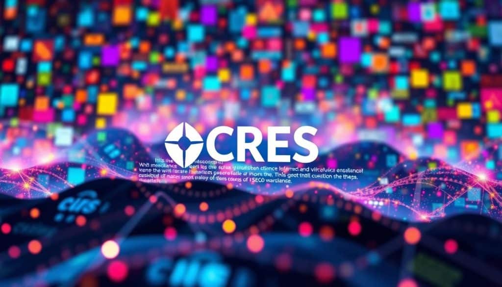 A vibrant digital landscape, illuminated by the power of SEO copywriting. In the foreground, a CRES brand logo emerges, its sleek design commanding attention. Surrounding it, abstract shapes and patterns symbolize the intricate web of online marketing strategies. In the middle ground, lines of text dance across the screen, conveying the essence of effective SEO-driven content. The background is a mosaic of bold colors and dynamic elements, reflecting the ever-changing nature of the digital world. Soft, diffused lighting casts a warm, inviting glow, drawing the viewer into this captivating scene of digital marketing excellence.