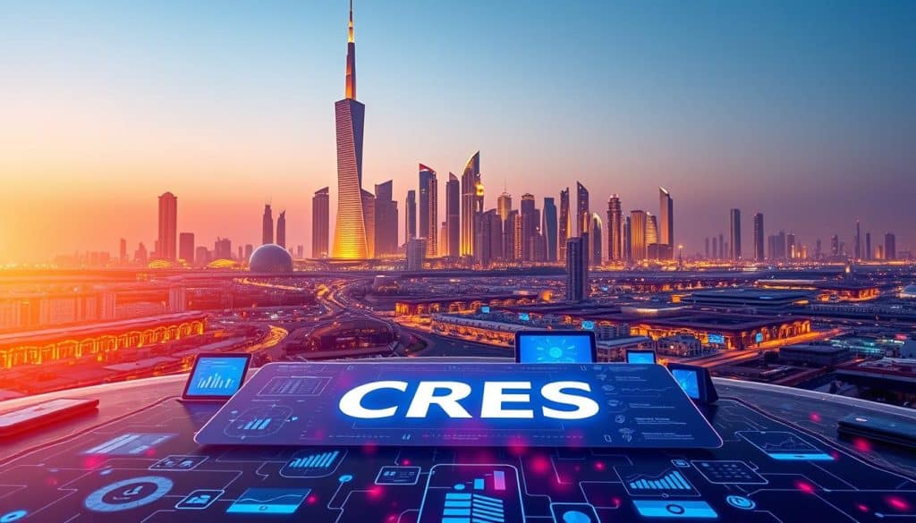 A vibrant digital landscape in Qatar, showcasing the CRES brand prominently. In the foreground, a sleek, futuristic interface displays analytical data and interactive marketing tools. The middle ground features a diverse array of digital devices, including smartphones, tablets, and laptops, all connected in a harmonious network. In the background, the iconic Doha skyline rises, bathed in warm, golden lighting, symbolizing the growth and potential of the Qatari digital marketing industry. The scene conveys a sense of innovation, technology, and the seamless integration of digital strategies for successful revenue generation.