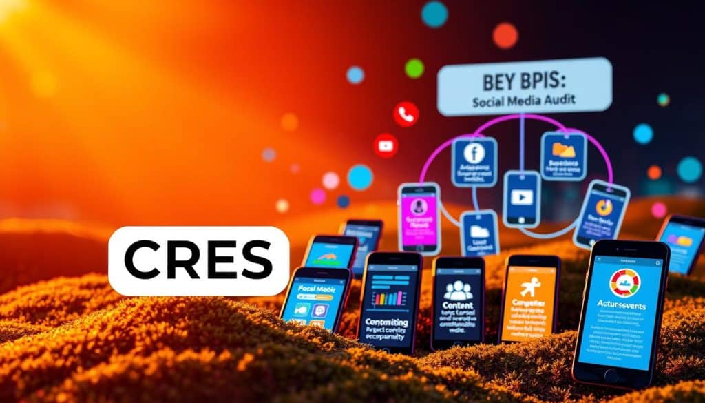 A vibrant digital landscape showcases the key benefits of a comprehensive social media audit. In the foreground, a sleek CRES logo commands attention, surrounded by colorful icons representing analytics, audience insights, and optimization opportunities. In the middle ground, a scatter of smartphone screens displays engagement metrics, content performance, and competitor analysis. The background features a stylized graphical representation of the audit process, highlighting the steps of discovery, assessment, and strategic recommendations. Warm lighting and a dynamic composition convey the value and importance of a social media audit for boosting digital presence.