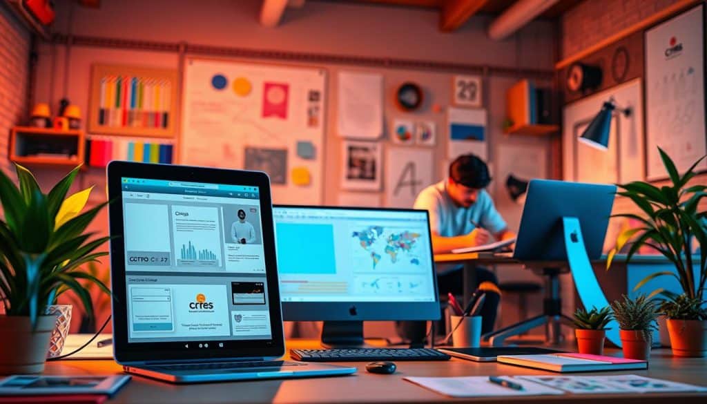 A vibrant digital landscape showcasing the distinct roles of UI UX designers and graphic designers. In the foreground, a CRES-branded UI mockup featuring sleek, minimalist interfaces and intuitive user interactions. In the middle ground, a CRES graphic designer at work, crafting visually compelling branding elements and illustrations. The background reveals the technical tools of the trade - design software, color palettes, and wireframes. Warm lighting and a dynamic composition convey the creative synergy between these complementary digital professions.