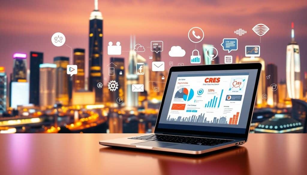 A vibrant digital landscape with dynamic graphics, logos, and visual elements showcasing the power of CRES's digital public relations services. In the foreground, a sleek laptop display with a compelling PR campaign presentation. The middle ground features various social media platforms, digital marketing tools, and analytics dashboards. In the background, a futuristic city skyline with neon-lit skyscrapers, conveying the global reach and technological sophistication of CRES's digital PR expertise. The scene is illuminated by a warm, diffused lighting, creating a professional, forward-thinking atmosphere.