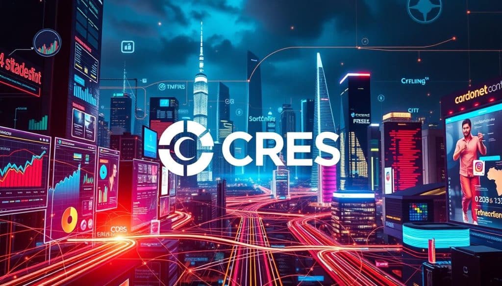 A vibrant digital landscape with the CRES brand as the central focus. In the foreground, a dynamic array of digital devices and screens showcasing various digital marketing elements - analytics, social media, search engine optimization, and more. The middle ground features a network of interconnected data streams and digital pathways, representing the complex web of digital strategies. In the background, a technologically advanced cityscape, with towering skyscrapers, neon lights, and a futuristic atmosphere, symbolizing the ever-evolving digital business landscape. The lighting is a combination of warm and cool tones, creating a sense of balance and sophistication. The overall scene conveys a sense of innovative, data-driven digital marketing strategies that drive business growth.