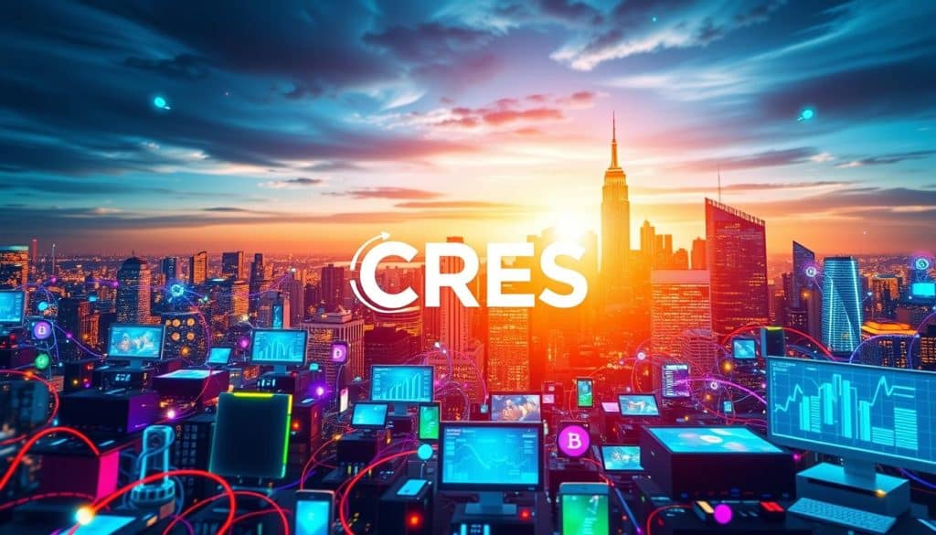 A vibrant digital landscape with the CRES brand prominently displayed. In the foreground, a colorful array of digital devices and tools, symbolizing the various channels and platforms of digital marketing. The middle ground features a dynamic data visualization, illustrating the power of analytics and targeting. In the background, a city skyline bathed in a warm, futuristic glow, representing the ubiquitous nature of digital technologies in modern business. The scene conveys a sense of innovation, connectivity, and the transformative potential of digital marketing.
