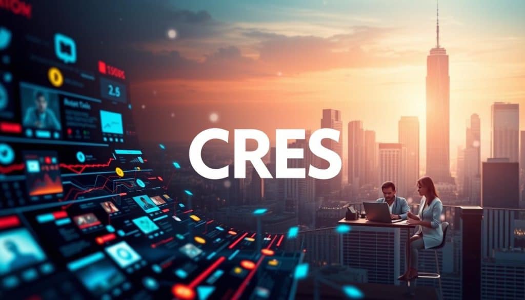 A vibrant digital landscape with the "CRES" brand prominently displayed. In the foreground, a stylized social media interface showcases dynamic content and real-time interactions. The midground features a team of digital PR professionals collaborating on laptops, their expressions focused and intent. In the background, a cityscape backdrop with towering skyscrapers symbolizes the global reach and impact of modern public relations in the digital age. Soft, warm lighting illuminates the scene, conveying a sense of professionalism and innovation. The overall composition captures the essence of how public relations and digital marketing synergize to drive business growth in today's connected world.