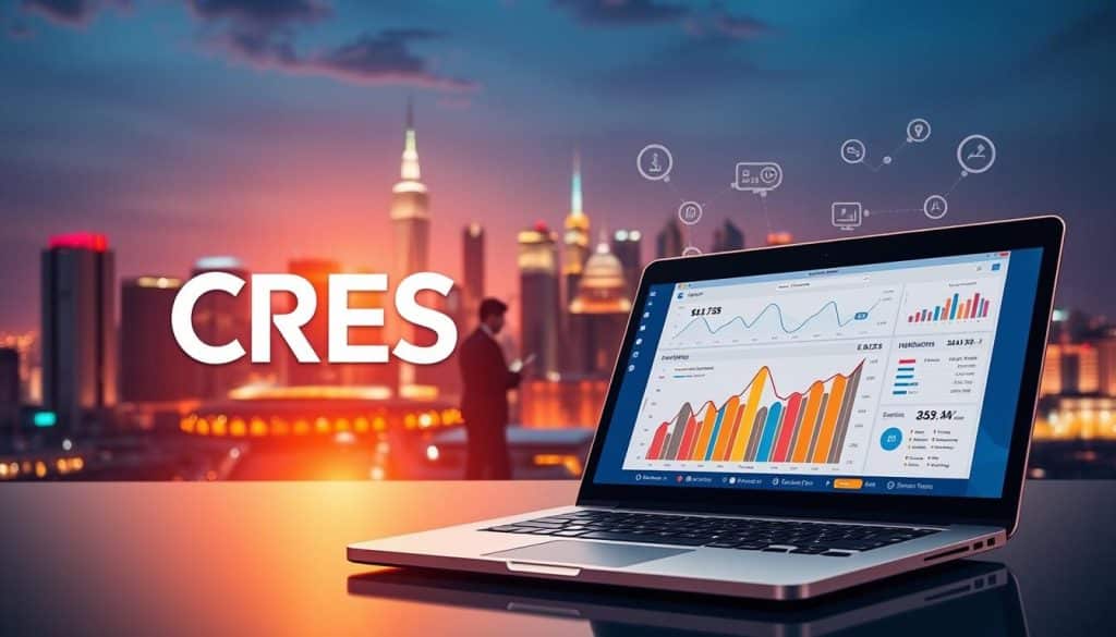 A vibrant digital landscape with the CRES brand prominently displayed. In the foreground, a sleek laptop showcases a web analytics dashboard, highlighting key metrics. The middle ground features a team of digital marketing experts collaborating on a strategy, surrounded by digital devices and icons. In the background, a city skyline with high-rise buildings symbolizes the global reach of digital marketing. Warm lighting casts a glow over the scene, conveying a sense of professionalism and innovation. The overall composition reflects the transformative power of expert digital marketing solutions.