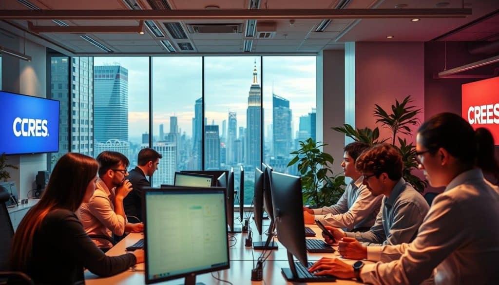 A vibrant digital marketing agency called CRES, nestled in a modern city scape. The foreground features a team of professionals collaborating at sleek workstations, their faces illuminated by the glow of computer screens. In the middle ground, the agency's branding is prominently displayed on the walls, conveying a sense of professionalism and expertise. The background showcases the bustling city outside, with towering skyscrapers and a vibrant skyline, creating a dynamic and energetic atmosphere. Soft, directional lighting casts subtle shadows, adding depth and dimensionality to the scene. The overall mood is one of productivity, innovation, and a commitment to driving business growth.
