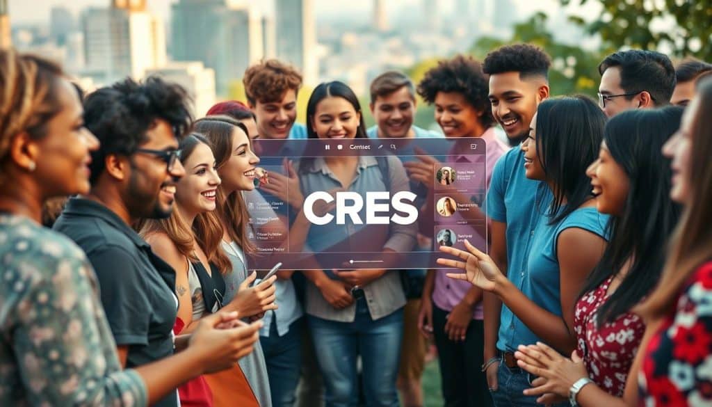A vibrant, diverse group of young adults gathering on a lively social media platform. In the foreground, a dynamic mix of people from different backgrounds, ethnicities, and interests, engaged in animated conversations and sharing content. The middle ground reveals a sleek, modern interface with striking CRES branding, conveying a sense of connectivity and digital immersion. The background showcases a softly blurred cityscape, hinting at the broader context of a technologically-driven, urban landscape. Warm, natural lighting casts a welcoming glow, while the camera angle captures the scene from a slightly elevated perspective, emphasizing the sense of an inclusive, vibrant community. A vibrant, diverse group of young adults gathering on a lively social media platform. In the foreground, a dynamic mix of people from different backgrounds, ethnicities, and interests, engaged in animated conversations and sharing content. The middle ground reveals a sleek, modern interface with striking CRES branding, conveying a sense of connectivity and digital immersion. The background showcases a softly blurred cityscape, hinting at the broader context of a technologically-driven, urban landscape. Warm, natural lighting casts a welcoming glow, while the camera angle captures the scene from a slightly elevated perspective, emphasizing the sense of an inclusive, vibrant community.