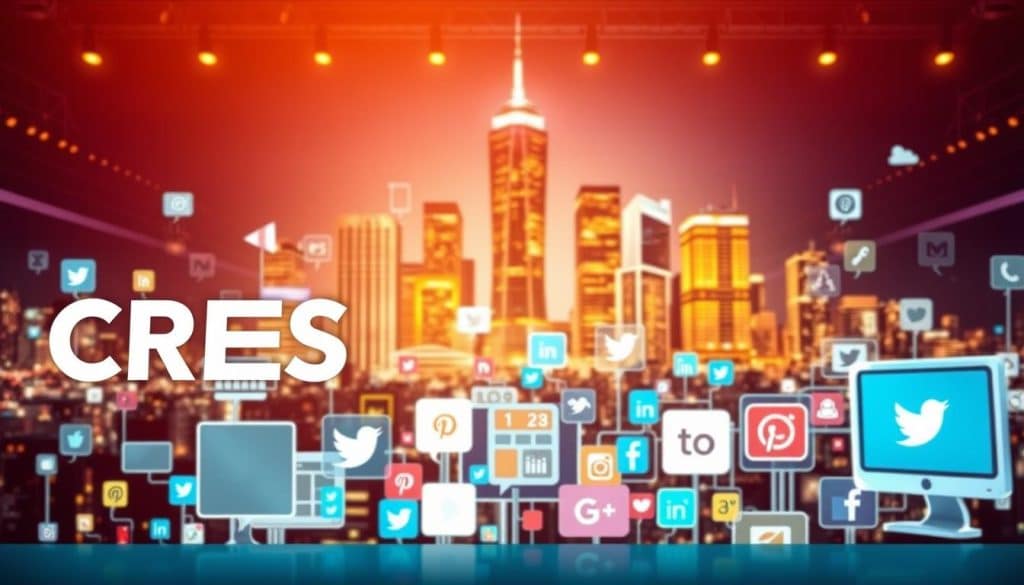 A vibrant, dynamic composition depicting a social media strategy. In the foreground, the CRES brand logo stands out prominently, conveying a sense of authority and expertise. The middle ground features an array of social media icons and platforms, each one thoughtfully arranged to create a visually engaging layout. In the background, a digital cityscape with skyscrapers and bustling activity creates a sense of the modern, interconnected world of social media. The lighting is warm and inviting, with a soft glow emanating from the various screens and devices. The overall mood is one of strategic focus, innovation, and a deep understanding of the power of social media to drive business success.