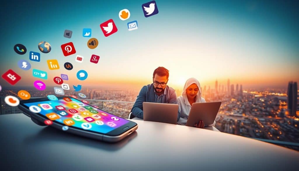 A vibrant, dynamic composition showcasing the power of CRES social media services. In the foreground, a sleek smartphone with a vibrant display, surrounded by a swirling array of social media logos and icons. The middle ground features a team of digital marketing experts, collaborating intently around a laptop, their expressions focused and determined. In the background, a panoramic cityscape of Doha, Qatar, illuminated by a warm, golden light, symbolizing the transformative impact of CRES's online presence solutions. The scene is captured through a wide-angle lens, emphasizing the interconnectedness and synergy of the various elements. The overall atmosphere is one of innovation, teamwork, and the promise of digital success.