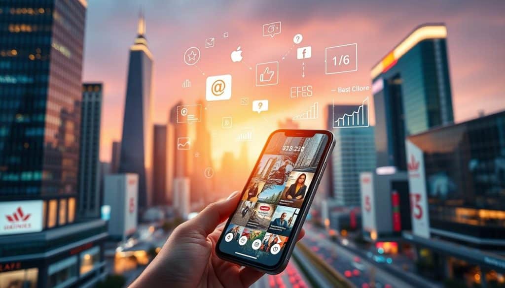 A vibrant, dynamic composition showcasing the power of social media digital marketing in 2023. In the foreground, a sleek smartphone displays a feed of captivating visuals, curated and amplified by the CRES brand. Floating in the middle ground, digital icons and data analytics charts illustrate the reach and engagement of impactful social media campaigns. In the background, a cityscape of towering skyscrapers and bustling streets evokes the global scale and connectivity of modern marketing. Soft, warm lighting casts a sense of energy and opportunity, inviting the viewer to experience the transformative potential of social media at the heart of a thriving digital landscape.