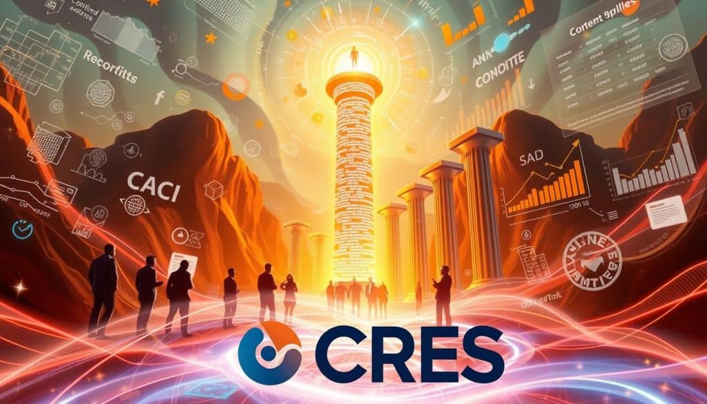 A vibrant, dynamic digital landscape with the CRES logo prominently displayed. In the foreground, a team of creatives collaborating on a content strategy, surrounded by a swirling vortex of ideas, data, and analytics. In the middle ground, a towering pillar of content pillars, each one supporting a revenue-generating, SEO-optimized article. The background features a glow of digital success, with charts, graphs, and analytics dashboards illuminating the path to growth. The scene is lit by a warm, inviting glow, conveying a sense of focus, productivity, and a clear vision for content-driven revenue.