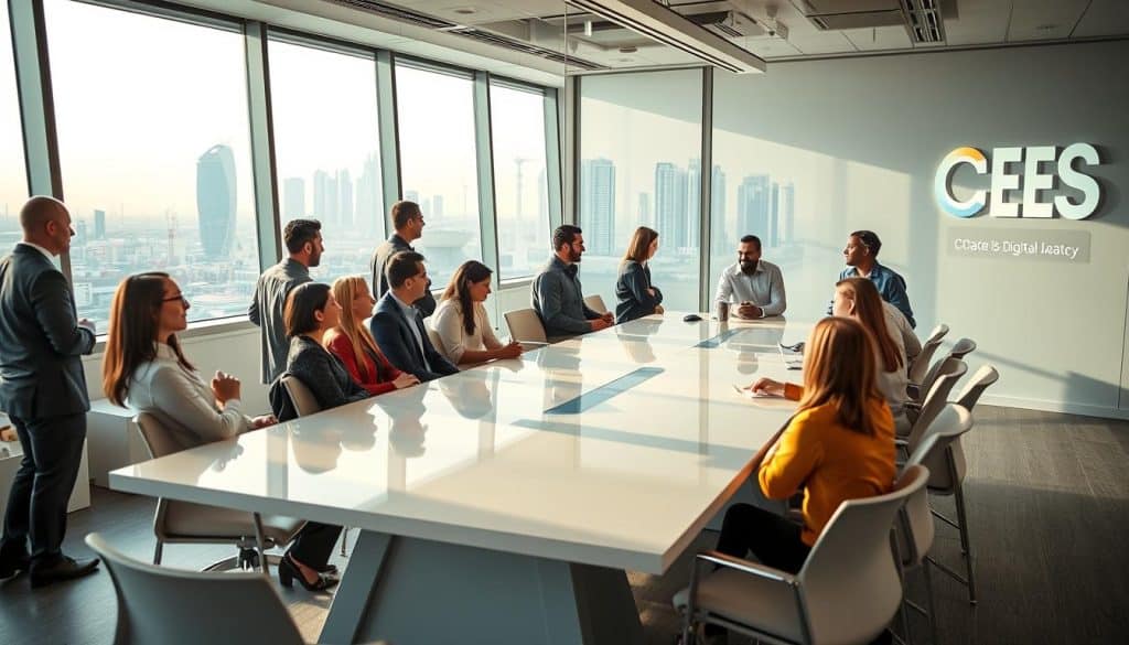 A vibrant, dynamic digital marketing agency office in the heart of Qatar, bustling with activity. In the foreground, a team of passionate professionals gathered around a sleek, modern conference table, engaged in animated discussions. Soft, diffused lighting filters through large windows, casting a warm glow over the space. The CRES logo prominently displayed on the wall, reflecting the agency's expertise and commitment to digital growth. In the background, a panoramic view of the Doha skyline, a testament to the agency's international reach and influence. The overall atmosphere exudes creativity, innovation, and a drive to push the boundaries of digital marketing.