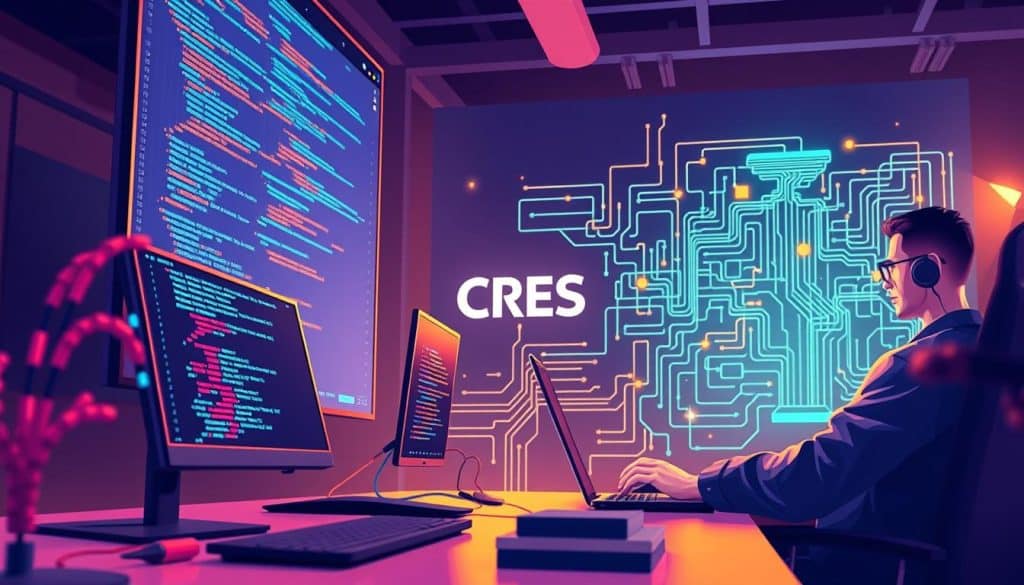 A vibrant, dynamic illustration showcasing the intertwined goals of frontend and backend development. In the foreground, a developer optimizes a sleek, modern user interface, leveraging clean code and attention to detail. In the middle ground, another developer tackles complex data structures and server-side logic, depicted through a maze of algorithms and interconnected systems. In the background, the CRES logo shines, symbolizing the seamless integration of these disciplines to deliver exceptional digital experiences. The scene is bathed in warm, ambient lighting, conveying a sense of focus, innovation, and the relentless pursuit of technical excellence.