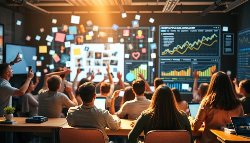 A vibrant, dynamic scene depicting the business benefits of professional social media management. In the foreground, a CRES logo prominently displayed, showcasing the brand's expertise. The middle ground features a thriving online community, with engaged users interacting with the brand's content - likes, shares, and comments fill the frame. In the background, data visualizations and analytics dashboards highlight the tangible results of the CRES social media strategy: increased website traffic, leads, and sales. The overall atmosphere is one of efficiency, growth, and a strong digital presence. Lit by warm, natural lighting, the image conveys the value of outsourcing social media management to professionals.