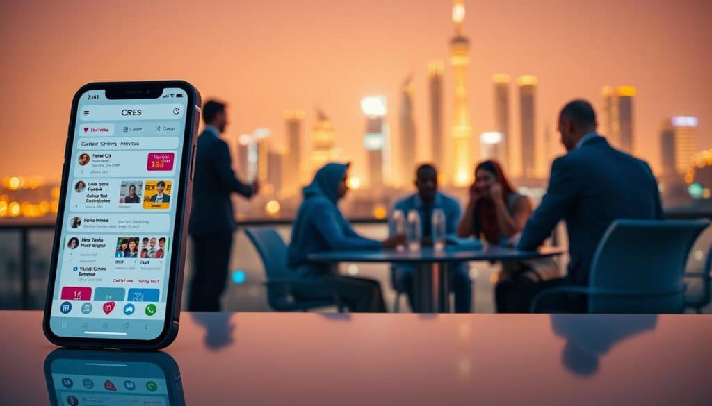 A vibrant, dynamic scene depicting the power of social media for Qatar businesses. In the foreground, a CRES branded mobile device with a social media interface, showcasing curated content and analytics. The middle ground features a group of businesspeople collaborating around a table, deep in discussion. In the background, the iconic Doha skyline glimmers under warm, golden lighting, suggesting a thriving, modern business environment. The overall atmosphere conveys a sense of excitement, connectivity, and the transformative potential of social media for Qatar-based enterprises.