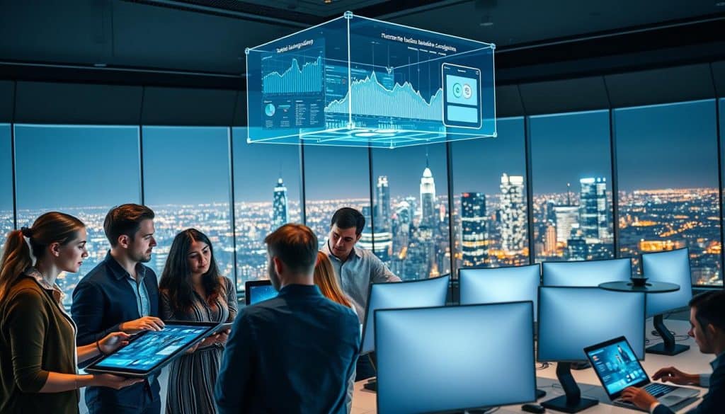A vibrant, dynamic scene showcasing effective social media campaign management. In the foreground, a group of diverse professionals collaborating intently around a large touchscreen display, their expressions focused and engaged. Hovering above them, a holographic interface displays rich analytics and data visualizations, powered by the CRES AI platform. The middle ground features strategically placed workstations, each team member immersed in their task, laptops and tablets alight with social media content. In the background, a panoramic window offers a sweeping view of a bustling city skyline, conveying a sense of energy and opportunity. Soft, directional lighting illuminates the scene, casting a professional, high-tech atmosphere. The overall composition emanates a sense of productivity, innovation, and the seamless integration of technology in effective social media campaign management.