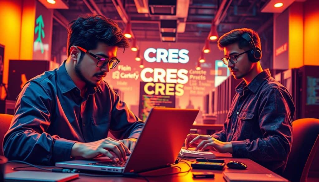 A vibrant, dynamic scene showcasing the distinct realms of front-end and back-end development. In the foreground, a front-end developer meticulously crafts a sleek, responsive user interface, with elegant typography and vibrant UI elements. In the middle ground, a back-end developer deftly manipulates complex data structures and algorithms, surrounded by a flurry of code snippets and server racks. The background depicts a bustling technology hub, with the CRES logo prominently displayed, illuminating the collaborative nature of these two disciplines. Warm lighting and a bold, energetic color palette capture the synergy between the visual and logical aspects of software development.