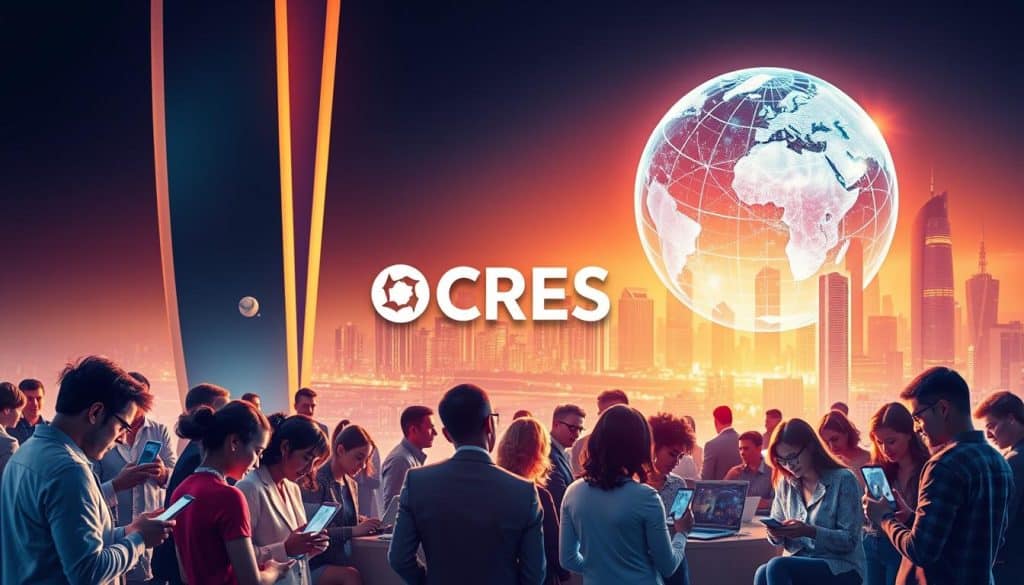 A vibrant, dynamic social media landscape with the CRES brand prominently displayed. In the foreground, a group of diverse individuals using smartphones and laptops, immersed in social media interactions. The middle ground features a large, holographic globe, symbolizing the global reach of social media marketing. The background is a sleek, futuristic cityscape, bathed in warm, golden light, conveying a sense of innovation and progress. The overall scene exudes a sense of energy, connectivity, and the transformative power of social media as a marketing tool.