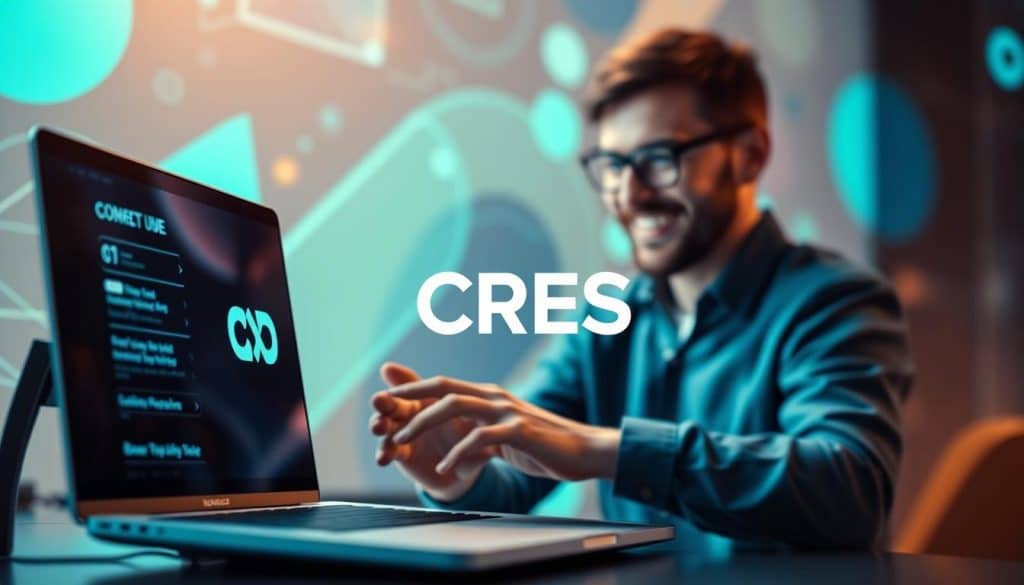 A vibrant, dynamic visual design showcasing the power of UX. In the foreground, a sleek, modern interface featuring the CRES logo, with clean lines and a minimalist aesthetic. The middle ground displays a user interacting with the interface, their expression one of delight and engagement. In the background, abstract shapes and patterns in a palette of blues and greens, evoking a sense of technological innovation and progress. Soft, diffused lighting casts a warm glow, creating a sense of depth and atmosphere. The overall composition is visually striking, capturing the essence of how professional visual design can elevate the user experience.
