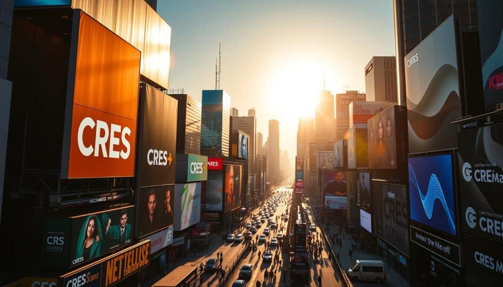 A vibrant, expansive advertising landscape bathed in warm, golden sunlight. In the foreground, a series of towering billboards displaying the iconic "CRES" brand logo, their surfaces gleaming under the sun's radiant glow. In the middle ground, bustling streets teeming with a diverse array of digital screens, interactive kiosks, and eye-catching signage, each vying for the attention of passersby. The background is a panoramic vista of skyscrapers, their facades adorned with sleek, modern advertisements. The overall scene conveys a sense of dynamic energy, technological innovation, and the pervasive influence of advertising in the modern urban environment. A vibrant, expansive advertising landscape bathed in warm, golden sunlight. In the foreground, a series of towering billboards displaying the iconic "CRES" brand logo, their surfaces gleaming under the sun's radiant glow. In the middle ground, bustling streets teeming with a diverse array of digital screens, interactive kiosks, and eye-catching signage, each vying for the attention of passersby. The background is a panoramic vista of skyscrapers, their facades adorned with sleek, modern advertisements. The overall scene conveys a sense of dynamic energy, technological innovation, and the pervasive influence of advertising in the modern urban environment.