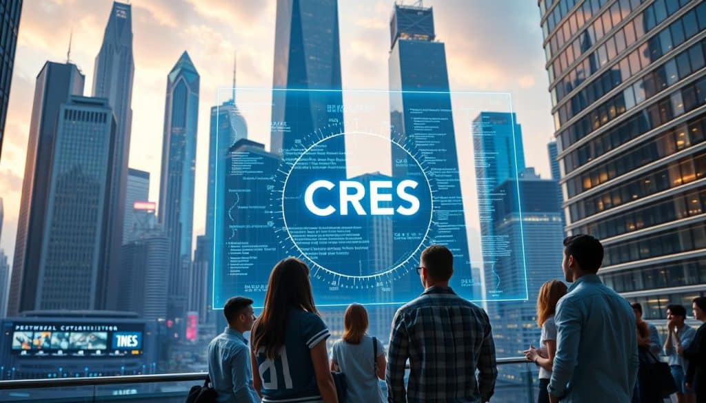 A vibrant, futuristic cityscape with towering skyscrapers and sleek, glass-clad buildings. In the foreground, a group of young professionals engaged in dynamic discussions, representing the collaborative nature of modern web development. The midground features a holographic display showcasing the CRES logo, surrounded by lines of code and data visualizations, symbolizing the technological advancements driving web applications. The background is bathed in a cool, neon-infused lighting, creating an atmosphere of innovation and progress. The scene is captured with a wide-angle lens, emphasizing the scale and scope of the modern web landscape.