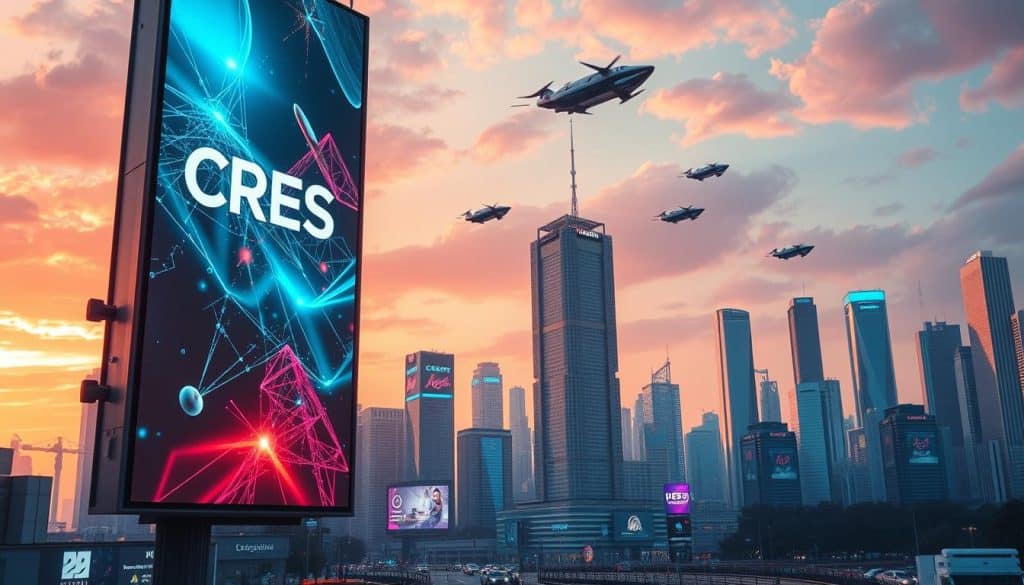 A vibrant, futuristic digital advertising landscape in 2024, captured with a wide-angle cinematic lens. In the foreground, a towering holographic billboard for the CRES brand showcases dynamic, eye-catching visuals. Midground features a bustling cityscape of skyscrapers, their facades adorned with seamless, high-resolution digital displays. In the background, a vivid, neon-tinged skyline with floating, autonomous vehicles. Ambient lighting creates a sleek, sophisticated atmosphere, complemented by a sense of technological advancement and innovation.
