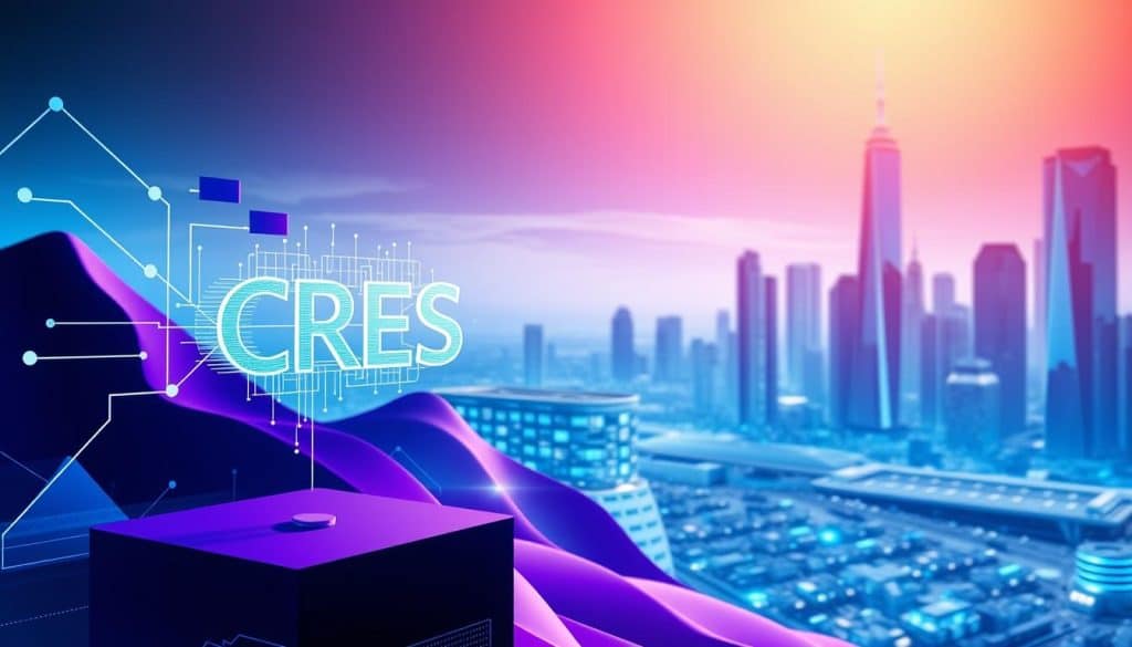 A vibrant, futuristic digital landscape depicting the core concepts of digital marketing. In the foreground, a minimalist wireframe model of the CRES logo hovers, pulsing with animated data streams. In the middle ground, abstract geometric shapes and gradients in shades of blue, purple, and teal represent key digital marketing pillars such as search engine optimization, social media, content creation, and analytics. The background features a sleek, high-tech cityscape with towering skyscrapers and a panoramic view of a gleaming metropolis, symbolizing the interconnected, digital world of modern marketing. Dramatic, directional lighting casts dramatic shadows, enhancing the sense of depth and technological sophistication. The overall tone is one of innovation, connectivity, and the seamless integration of digital strategies.