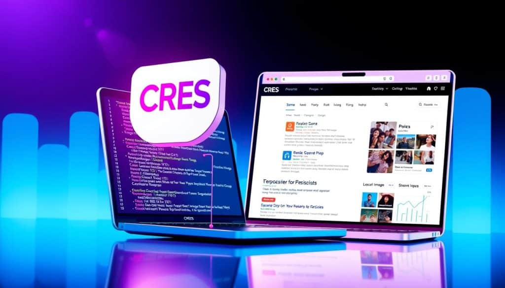 A vibrant, high-contrast illustration showcasing the key elements of on-page SEO optimization. In the foreground, a CRES logo hovers over a laptop display featuring perfectly aligned HTML code, metadata tags, and image optimization techniques. In the middle ground, an SEO-optimized webpage design with engaging visuals, strategic content layout, and intuitive navigation. The background depicts a search engine results page, with the optimized webpage ranking prominently and surrounded by detailed analytics, charts, and performance metrics. Dramatic lighting, sharp angles, and a sleek, futuristic aesthetic convey the technical expertise and impactful results of effective on-page SEO optimization.