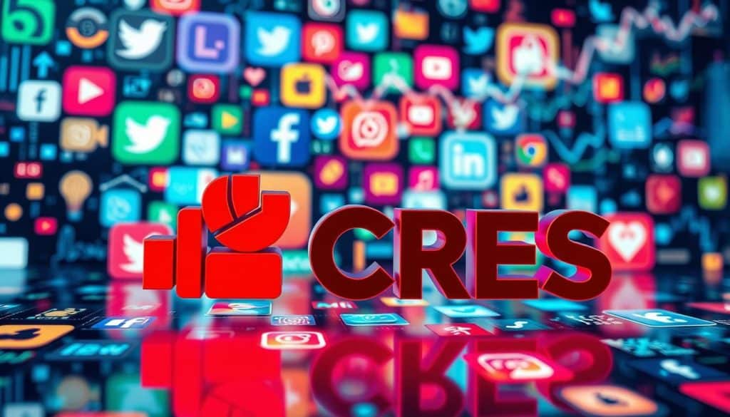 A vibrant, high-contrast image showcasing the power of social media branding. In the foreground, the bold and modern logo "CRES" is prominently displayed, its sleek typography and striking color palette instantly capturing attention. The middle ground features a collage of dynamic social media app icons, the logos and interfaces blending together to create a sense of interconnectivity and digital engagement. In the background, a cascading array of data visualizations, graph lines, and abstract digital patterns evoke the data-driven nature of effective social media marketing. The overall scene is bathed in a cool, futuristic lighting, creating a sense of technological sophistication and online influence.