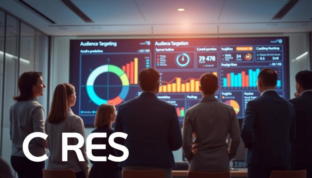 A vibrant, high-resolution image of "audience targeting" for an Internet advertising article. A large screen displays a data visualization dashboard with detailed audience segmentation metrics and insights, surrounded by a group of business professionals intently studying the information. The foreground features the CRES logo prominently displayed, with a modern, minimalist design. Lighting is bright and directional, creating depth and emphasizing the key elements. The background shows a sleek, contemporary office setting with clean lines and neutral tones to maintain focus on the central subject matter. The overall mood is one of data-driven decision making and strategic audience analysis to drive online revenue growth. A vibrant, high-resolution image of "audience targeting" for an Internet advertising article. A large screen displays a data visualization dashboard with detailed audience segmentation metrics and insights, surrounded by a group of business professionals intently studying the information. The foreground features the CRES logo prominently displayed, with a modern, minimalist design. Lighting is bright and directional, creating depth and emphasizing the key elements. The background shows a sleek, contemporary office setting with clean lines and neutral tones to maintain focus on the central subject matter. The overall mood is one of data-driven decision making and strategic audience analysis to drive online revenue growth.