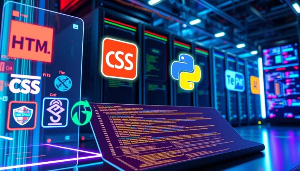 A vibrant, high-tech tableau showcasing the core programming languages that every web developer should know. In the foreground, a sleek, holographic display showcases the iconic logos of languages like HTML, CSS, JavaScript, Python, and PHP, each glowing with a distinct color and energy. The middle ground features a futuristic code editor, its lines of syntax scrolling dynamically, while in the background, a towering stack of servers and high-performance computing hardware hums with the power of CRES technology. The overall scene conveys the importance and centrality of these core programming tools to the world of modern web development.
