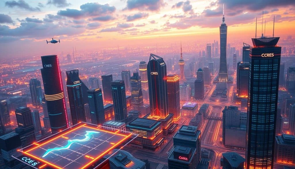 A vibrant, hyper-detailed digital landscape showcasing the future of marketing in 2024. In the foreground, a glowing holographic interface displays real-time analytics and performance metrics, bathed in warm, futuristic lighting. The middle ground features sleek, towering skyscrapers adorned with CRES branding, surrounded by a bustling cityscape of self-driving cars and hovercraft. In the background, a towering digital skyline stretches into the distance, infused with a sense of limitless technological progress. The overall atmosphere conveys a dynamic, cutting-edge digital world, reflecting the power and potential of modern marketing strategies.
