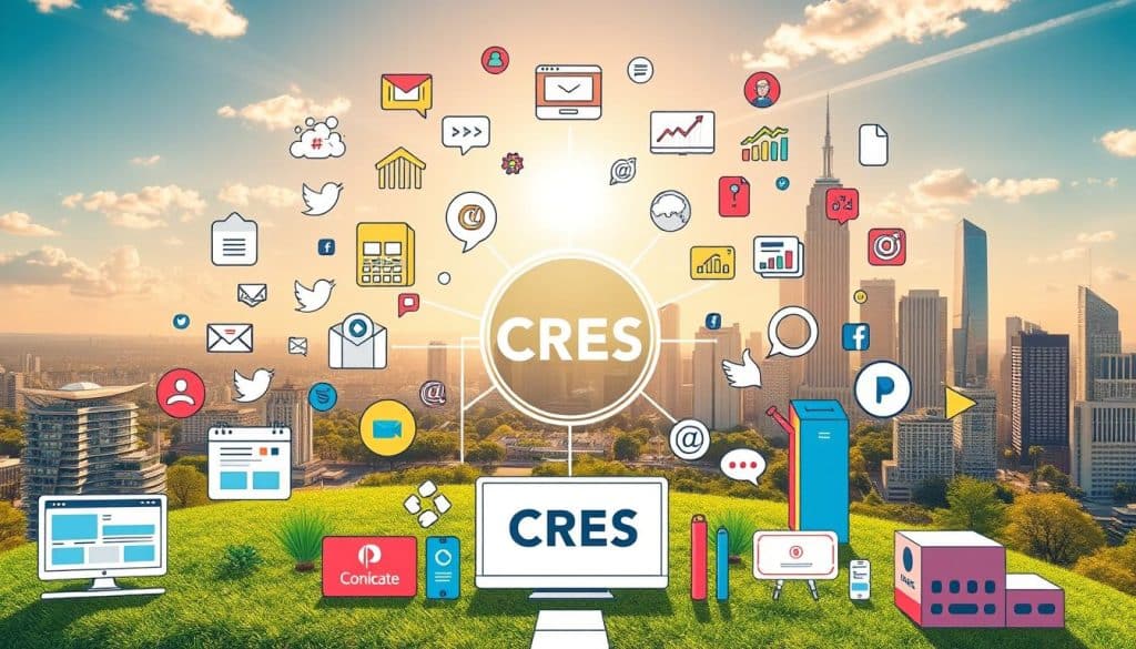 A vibrant landscape of digital marketing channels, featuring a central hub labeled "CRES" surrounded by a variety of icons and illustrations. In the foreground, a modern website, social media platforms, email newsletter, and pay-per-click ads. In the middle ground, augmented reality, influencer marketing, and search engine optimization elements. In the background, a cityscape with skyscrapers and a bright, sun-drenched sky, conveying a sense of growth, connectivity, and the vast potential of online marketing. A vibrant landscape of digital marketing channels, featuring a central hub labeled "CRES" surrounded by a variety of icons and illustrations. In the foreground, a modern website, social media platforms, email newsletter, and pay-per-click ads. In the middle ground, augmented reality, influencer marketing, and search engine optimization elements. In the background, a cityscape with skyscrapers and a bright, sun-drenched sky, conveying a sense of growth, connectivity, and the vast potential of online marketing.