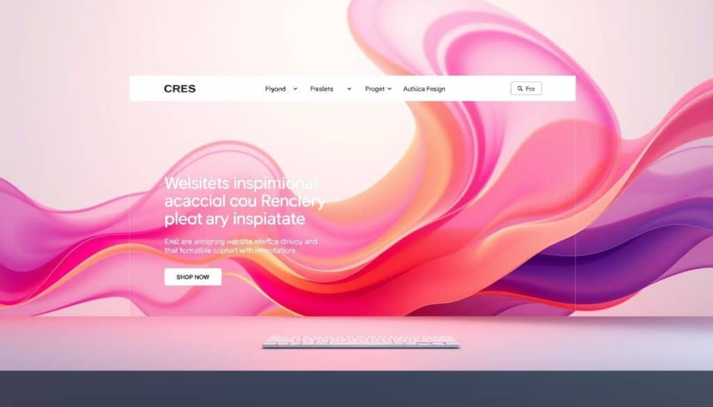 A vibrant, minimalist UI/UX design for a website showcasing inspirational graphic art. In the foreground, a clean, modern layout with bold typography, intuitive navigation, and striking visual elements. The middle ground features a CRES branded interface with customizable widgets and interactive tools. In the background, a fluid, abstract pattern accentuates the design, creating a sense of depth and dynamism. Soft, directional lighting highlights the sleek, responsive interface, conveying a sense of professionalism and innovation. The overall mood is one of refined elegance and captivating aesthetic appeal, reflecting the transformative power of website inspiration graphic design.