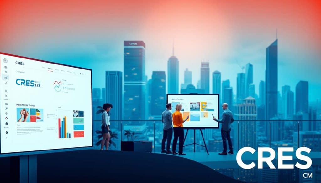 A vibrant, modern UX design landscape with the CRES brand prominently displayed. In the foreground, a sleek, minimalist user interface with clean typography and intuitive navigation elements. In the middle ground, a team of designers collaborating on a digital whiteboard, surrounded by mood boards and color palettes. In the background, a cityscape of towering skyscrapers, reflecting the cutting-edge technology that powers the CRES digital experience. Warm lighting casts a soft glow, evoking a sense of innovation and creativity. The overall scene conveys the harmony of visual design and user experience, driving digital growth for the CRES brand.