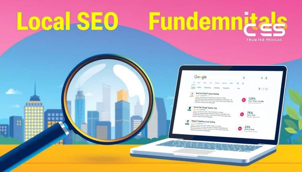 A vibrant, modern illustration showcasing the core elements of local SEO fundamentals. In the foreground, a magnifying glass examines a cityscape, representing the importance of local search visibility. In the middle ground, a laptop displays a search engine results page, highlighting the impact of optimized local listings. The background features a CRES logo, symbolizing the expertise and guidance of a local SEO professional. The scene is bathed in a warm, inviting lighting, conveying the value of local SEO for small businesses seeking to enhance their online presence.