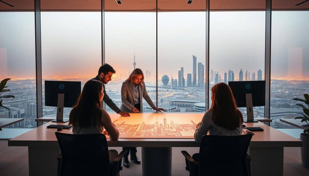 A vibrant, modern web graphic design company in Qatar, CRES, situated in a sleek, glass-fronted office. The foreground showcases a team of talented designers collaborating on a digital display, surrounded by state-of-the-art equipment and minimalist decor. The middle ground features a panoramic view of the Doha skyline, with the iconic skyline of the city in the background. Warm, diffused lighting creates a professional, sophisticated atmosphere, highlighting the company's attention to detail and innovative approach to web design. The image conveys a sense of expertise, innovation, and the ability to deliver exceptional results for businesses in Qatar.