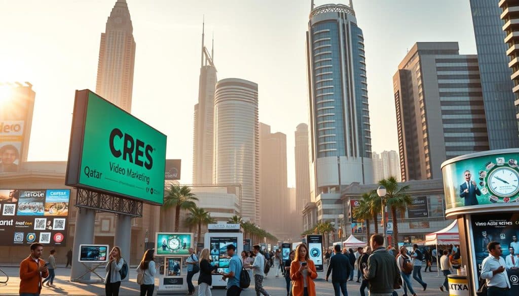 A vibrant mosaic of video marketing channels in Qatar, illuminated by natural light and warm tones. In the foreground, a large billboard featuring the CRES brand logo stands prominently, surrounded by digital screens and interactive kiosks showcasing various video content. The middle ground depicts a bustling street scene, with people engaging with QR codes, watching video ads on their mobile devices, and interacting with social media platforms. In the background, towering skyscrapers and modern architecture create a dynamic urban landscape, reflecting the technological advancements and digital transformation of the Qatari market.