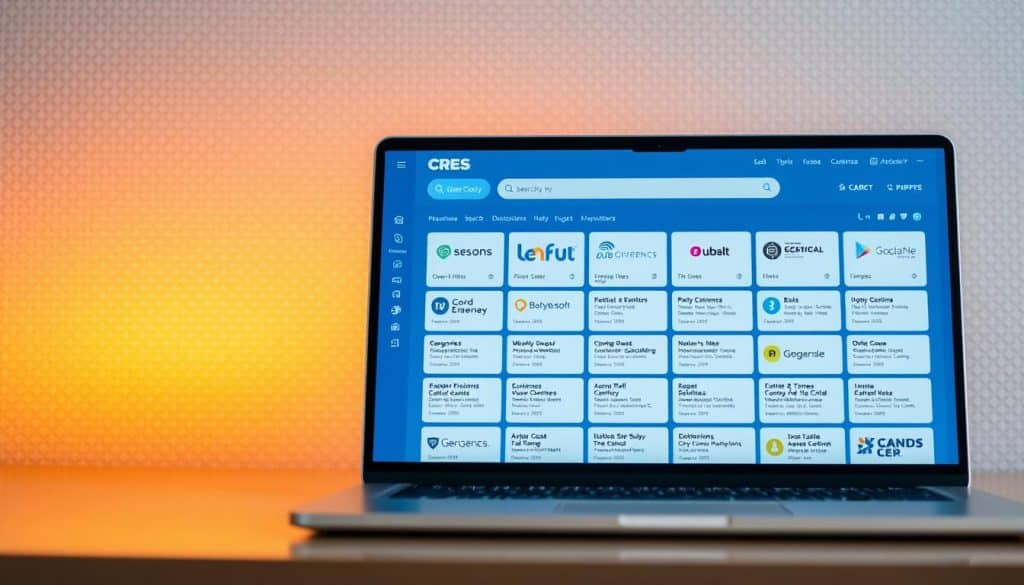 A vibrant online directory listing for the CRES brand, showcasing a modern search interface with a clean, minimalist design. The foreground features various category icons and search filters, all rendered in a sleek, vector-based style with subtle gradients and shadows. The middle ground showcases a grid of company listings, each with a logo, title, and brief description, presented in a visually appealing and organized manner. In the background, a subtle pattern or texture creates a sense of depth and professionalism. The overall lighting is soft and diffused, creating a welcoming and trustworthy atmosphere for users exploring the CRES online directory.