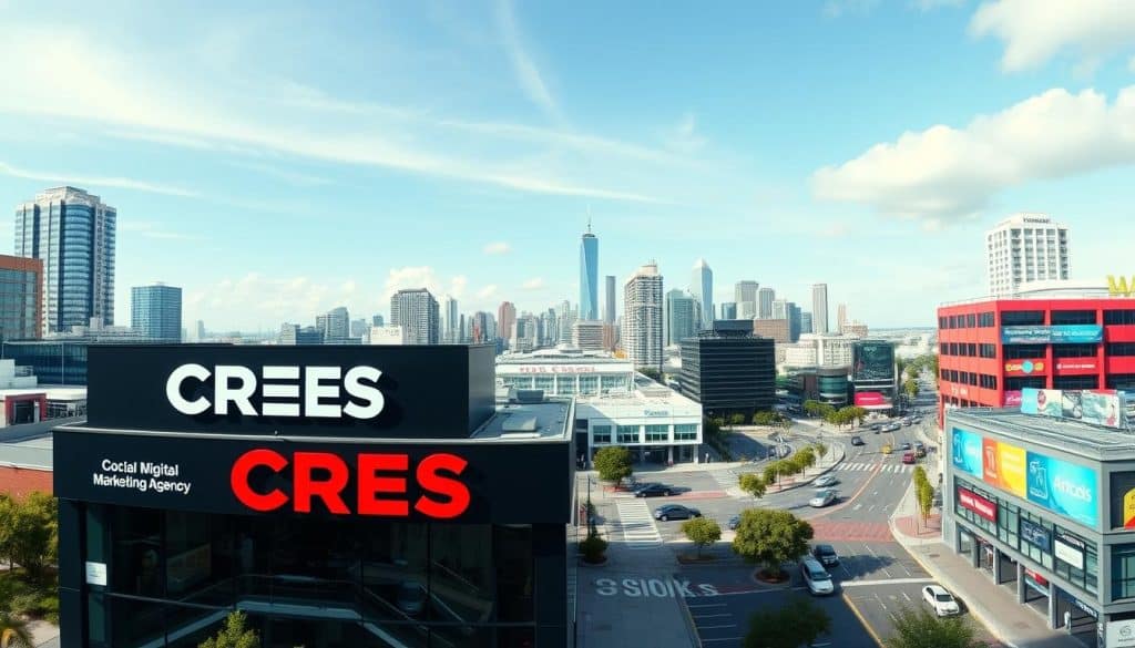 A vibrant panoramic scene showcasing various types of digital marketing agencies, captured with a wide-angle lens and natural lighting. In the foreground, the CRES digital marketing agency stands out with its bold branding and cutting-edge technology. The middle ground features different agency specialties, including social media management, content creation, SEO optimization, and data analytics. In the background, a city skyline with modern high-rises and bustling streets sets the stage for the diverse ecosystem of digital marketing services. The overall atmosphere conveys a sense of innovation, collaboration, and the dynamic nature of the digital marketing industry.