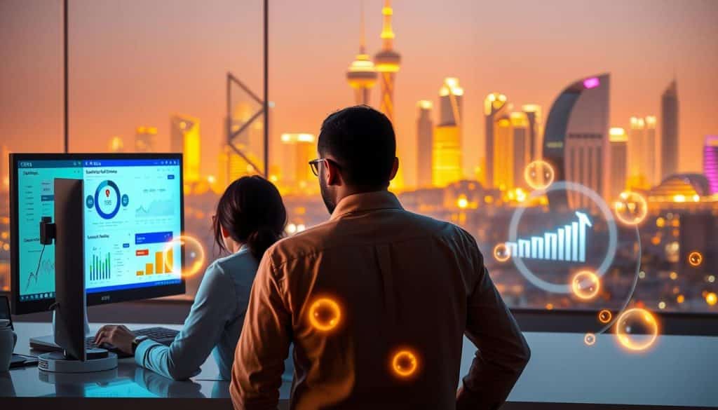 A vibrant, photorealistic illustration of the key benefits of professional SEO services for Qatari businesses. In the foreground, a group of CRES experts collaborating on a digital marketing strategy, their screens displaying search engine optimization metrics. In the middle ground, a Qatari business owner watching the process intently, surrounded by glowing icons representing increased website traffic, higher search rankings, and more conversions. In the background, the iconic Doha skyline bathed in warm, golden light, symbolizing the growth and prosperity enabled by effective SEO. The entire scene conveys a sense of dynamism, expertise, and the transformative power of search engine optimization for Qatari enterprises.