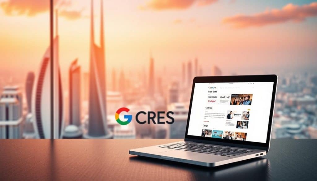 A vibrant, photorealistic rendering of a business presentation showcasing the benefits of Google Sites for Qatar companies. In the foreground, a sleek laptop displays a Google Sites webpage, its clean interface and intuitive design highlighted by warm, directional lighting. The middle ground features a CRES logo, representing a prominent Qatar-based business, conveying the practical application of this platform. In the background, a panoramic view of the Doha skyline with its iconic skyscrapers and landmarks, symbolizing the global reach and potential of Google Sites for local enterprises. The overall atmosphere is one of professionalism, innovation, and the seamless integration of technology with the unique Qatari business landscape.