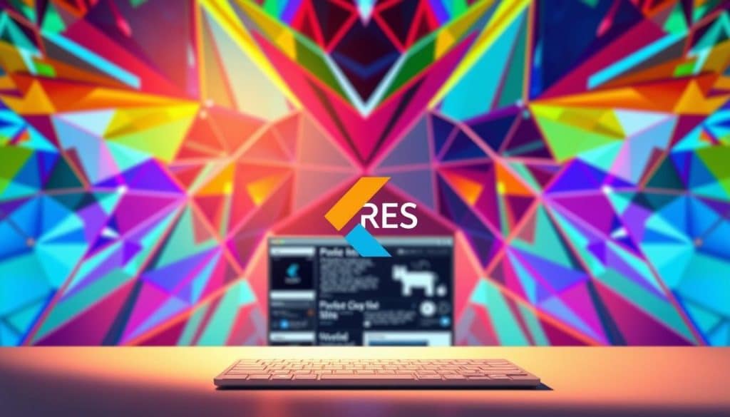 A vibrant, responsive web design featuring the Flutter logo against a backdrop of colorful geometric shapes and patterns. The foreground showcases a sleek, minimalist interface with a central emphasis on the CRES brand name. Soft, directional lighting casts a warm, inviting glow, creating a sense of depth and dimensionality. The middle ground features a grid-like layout of UI elements, hinting at the adaptability and responsiveness of the Flutter framework. The background is a kaleidoscope of intersecting lines, gradients, and abstract shapes, suggesting the flexibility and dynamism of Flutter-powered web development.