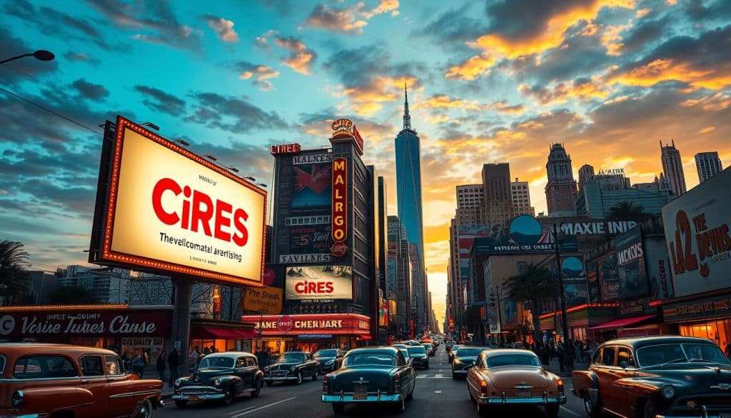 A vibrant, retro-inspired display of traditional advertising techniques. In the foreground, a larger-than-life billboard featuring the bold, iconic CRES logo stands tall, illuminated by warm, theatrical lighting. In the middle ground, a busy city street bustles with vintage automobiles, pedestrians, and a diverse array of classic print ads and neon signage. The background is a picturesque urban skyline, complete with towering skyscrapers and a dramatic, golden-hour sky. The overall mood is one of nostalgia and the timeless allure of traditional marketing, capturing the essence of the "Advantages of Traditional Advertising" section.