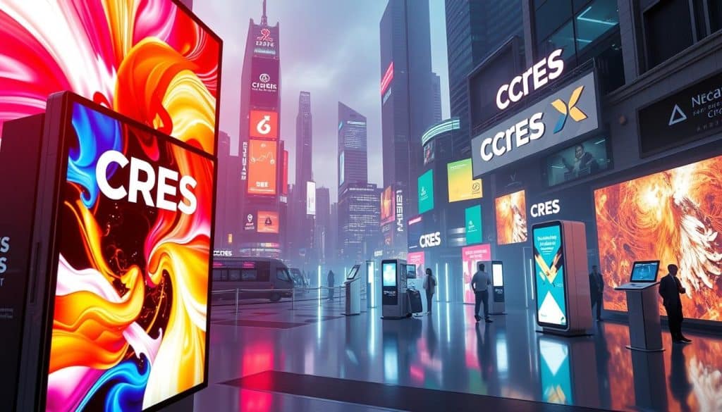 A vibrant scene of electronic media advertising showcasing the CRES brand. In the foreground, a large digital display screen presents a dynamic, eye-catching advertisement with vivid colors and bold graphics. The middle ground features sleek, futuristic-looking advertising kiosks and interactive digital signage, all bathed in a soft, diffused lighting. The background is a futuristic cityscape with towering skyscrapers and neon-lit billboards, creating an immersive and technologically-advanced atmosphere. The overall composition conveys the cutting-edge, innovative nature of electronic media advertising in the modern world.